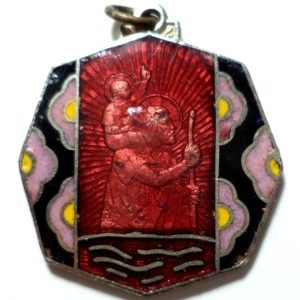 Antique Saint Christopher medal with cloisonné enameling.