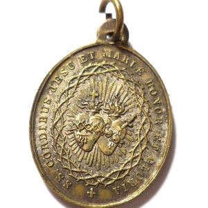 Antique bronze medal featuring the Immaculate Virgin Mary and Sacred Hearts of Jesus and Mary, engraved by Ghertier.