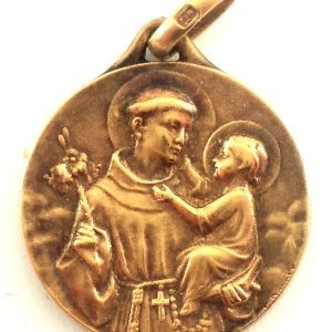 Antique goldfilled Saint Anthony medal by Emile Dropsy, 15 mm diameter, featuring Saint Anthony with the infant Jesus and an olive branch on the reverse.