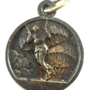 Antique silver-plated medal featuring a parachutist and Saint Michael defeating the devil, engraved by C. Charl