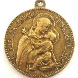 Antique bronze medal of Saint Anthony of Padua with the infant Jesus and the Immaculate Virgin Mary, engraved by Ludovic Penin.