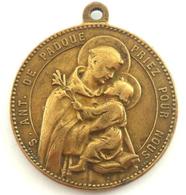 Antique bronze medal of Saint Anthony of Padua with the infant Jesus and the Immaculate Virgin Mary, engraved by Ludovic Penin.