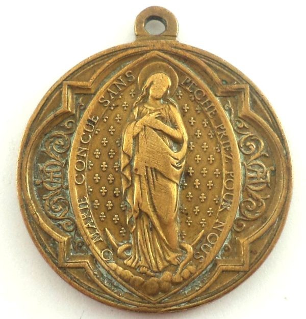 Antique bronze medal of Saint Anthony of Padua with the infant Jesus and the Immaculate Virgin Mary, engraved by Ludovic Penin.