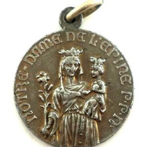 Silver-plated antique medal of Notre Dame de l'Épine with gilded details