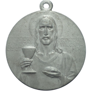 Antique aluminium medal of the 22nd International Eucharistic Congress, Vienna 1912, featuring Jesus Christ and Vienna Cathedral.