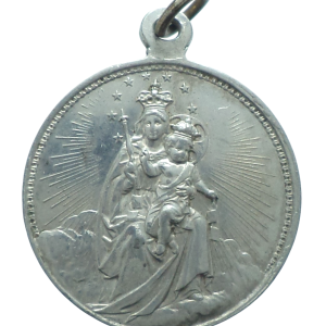 Antique aluminium medal featuring Sacred Heart of Jesus and Our Lady of Mount Carmel, 32 mm diameter.