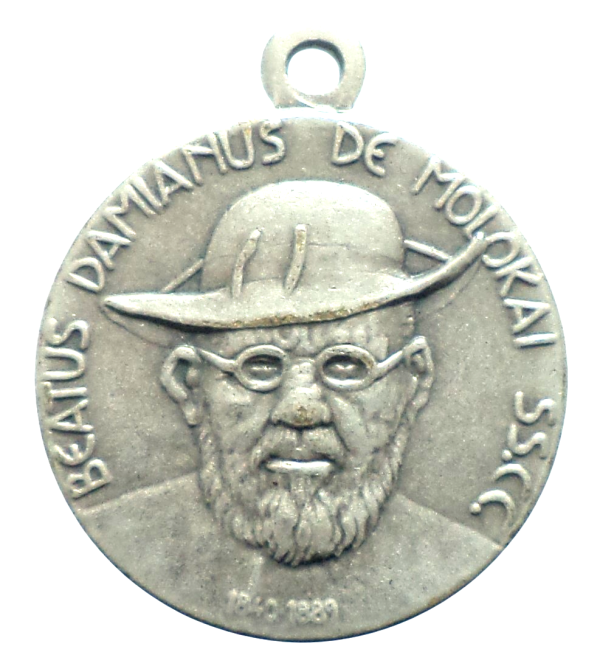 Vintage silverplated Saint Damian of Molokai medal with portrait and symbolic reverse design, 18 mm diameter.