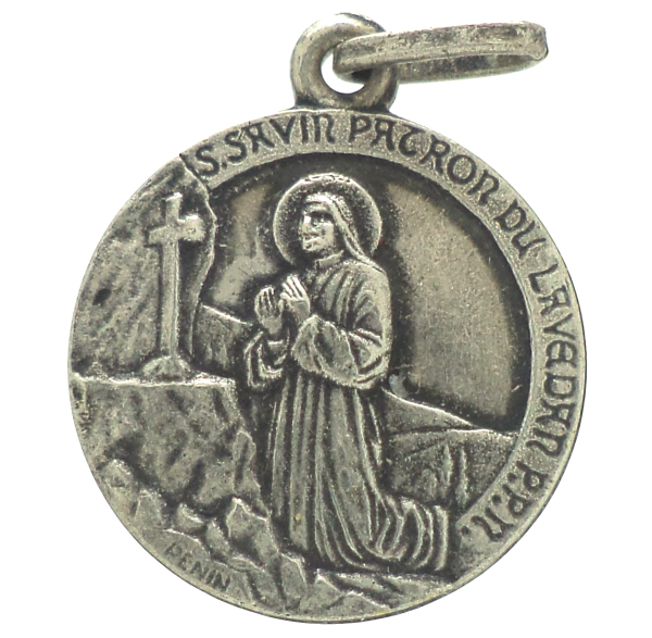 Vintage Saint Savin silver-plated medal engraved by Penin, featuring Saint Savin in prayer and the Saint Savin Abbey.