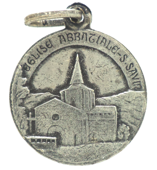 Vintage Saint Savin silver-plated medal engraved by Penin, featuring Saint Savin in prayer and the Saint Savin Abbey.