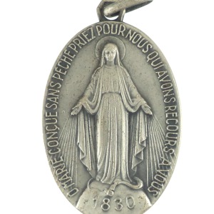 Vintage silver-plated miraculous medal, 1830 design, featuring the Virgin Mary and sacred symbolism.