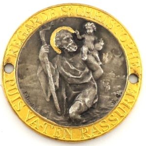 Antique Saint Christopher plaque medal by Emile Dropsy, silver-plated with gilded highlights